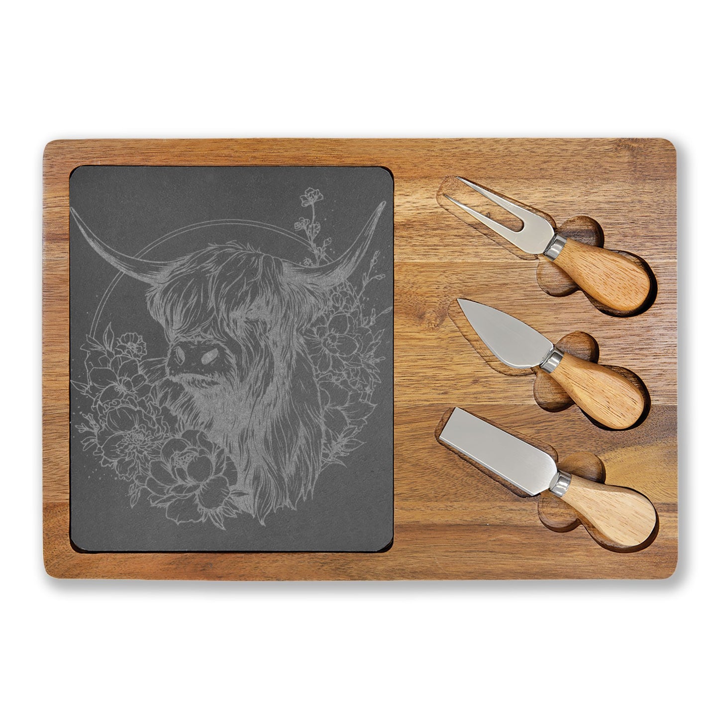 Engraved Highland Cow Charcuterie Board with Slate Inlay & 3 Cheese Knives