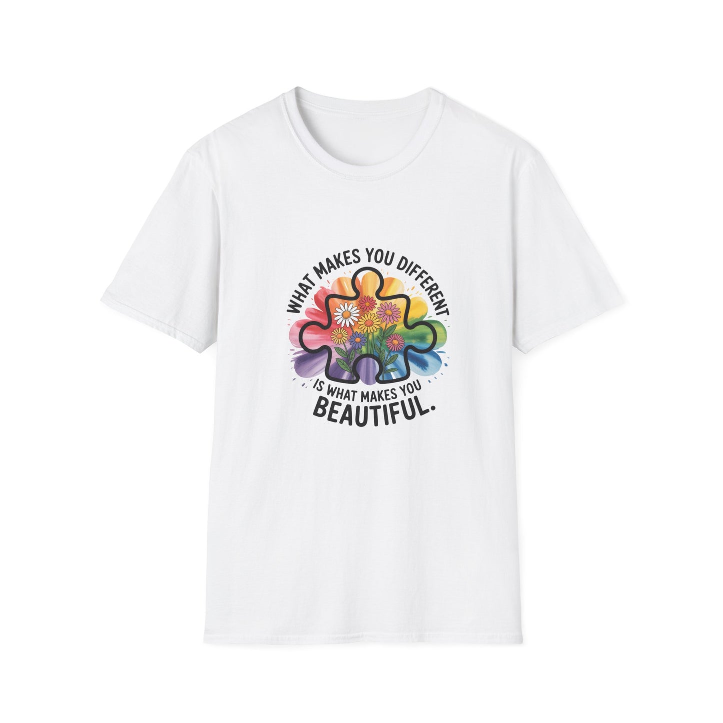 Autism Awareness Puzzle Flower T-Shirt — "What Makes You Different Is What Makes You Beautiful"