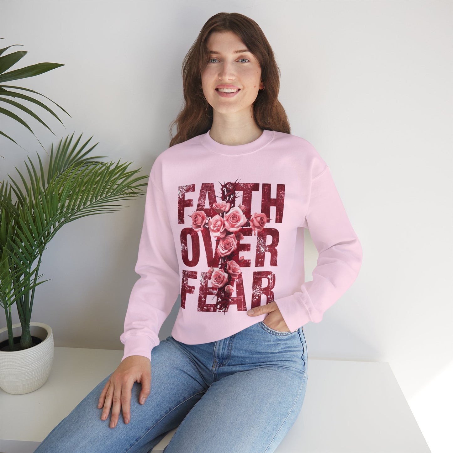 Faith Over Fear Sweatshirt — Floral Typography Christian Crewneck