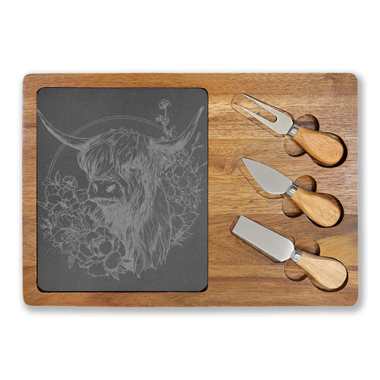Engraved Highland Cow Charcuterie Board with Slate Inlay & 3 Cheese Knives