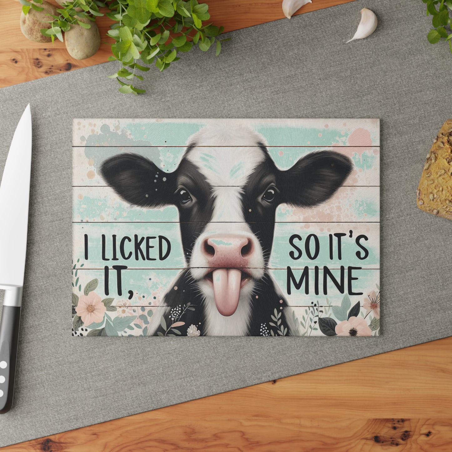 Glass Cutting Board — "I Licked It, So It's Mine" Cute Cow Kitchen Decor