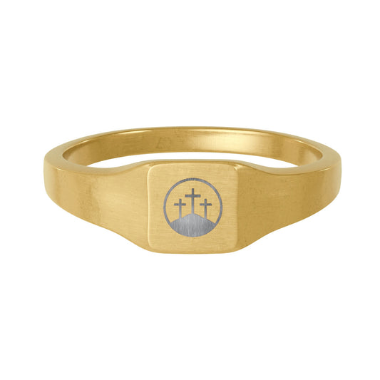 Stainless Steel Square Signet Ring — Gold/Silver Christian Cross