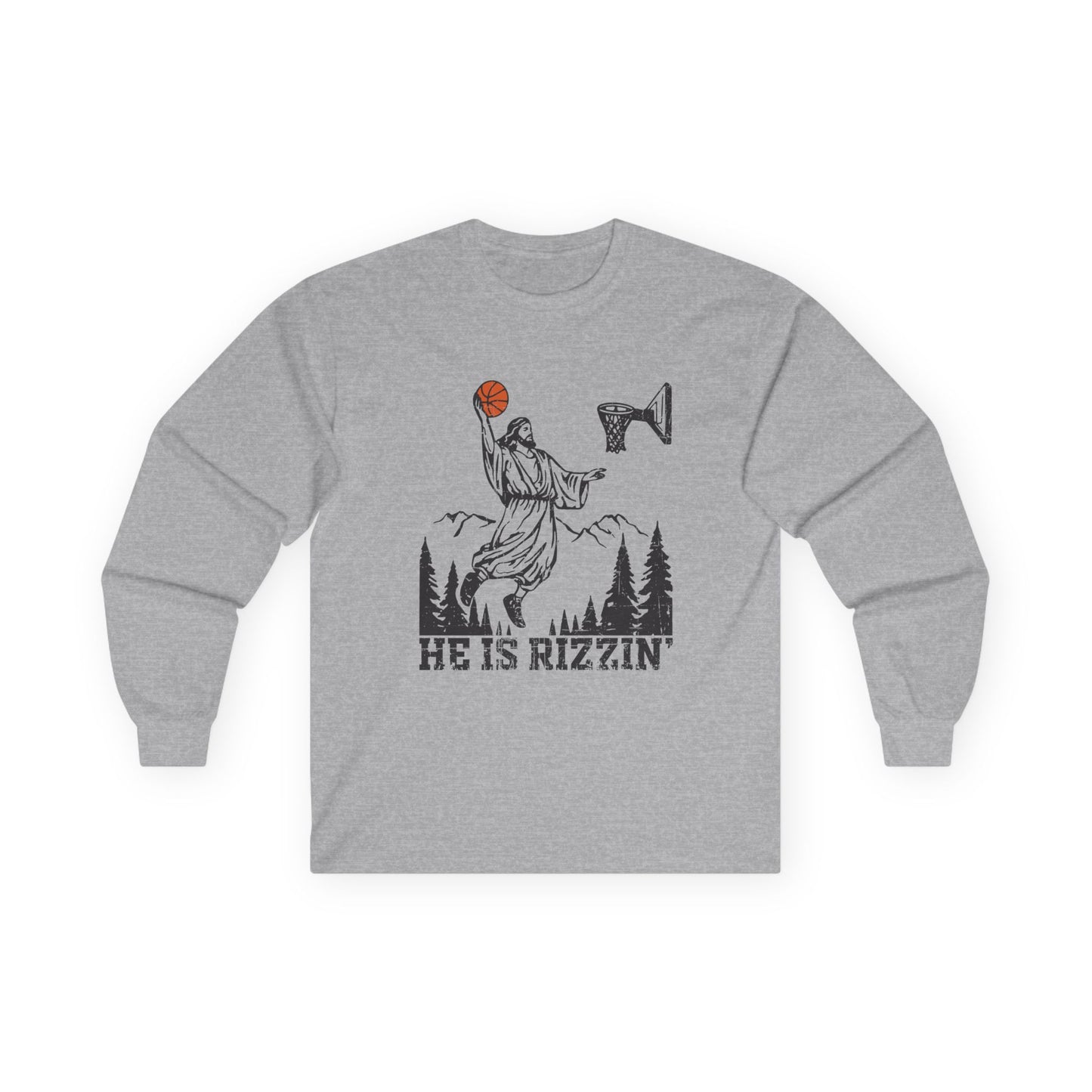 Long Sleeve Tee — "He Is Rizzin'" Basketball Jesus