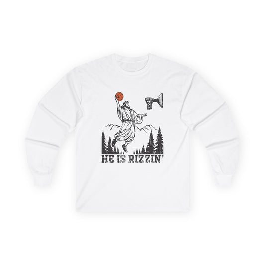 Long Sleeve Tee — "He Is Rizzin'" Basketball Jesus