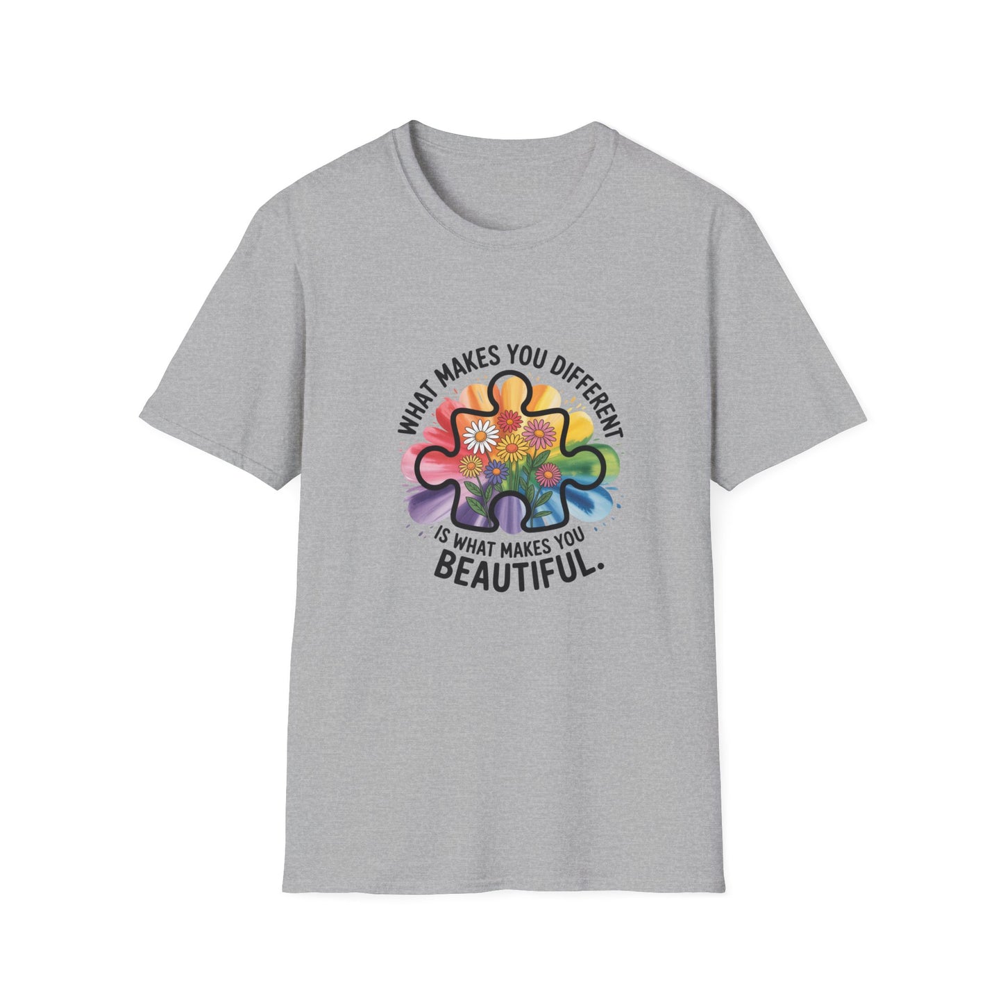 Autism Awareness Puzzle Flower T-Shirt — "What Makes You Different Is What Makes You Beautiful"