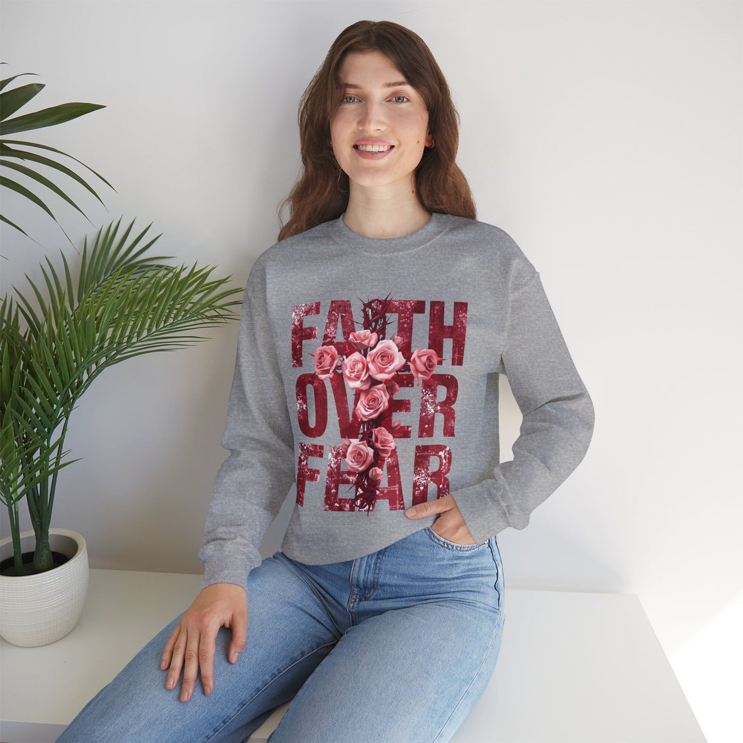 Faith Over Fear Sweatshirt — Floral Typography Christian Crewneck
