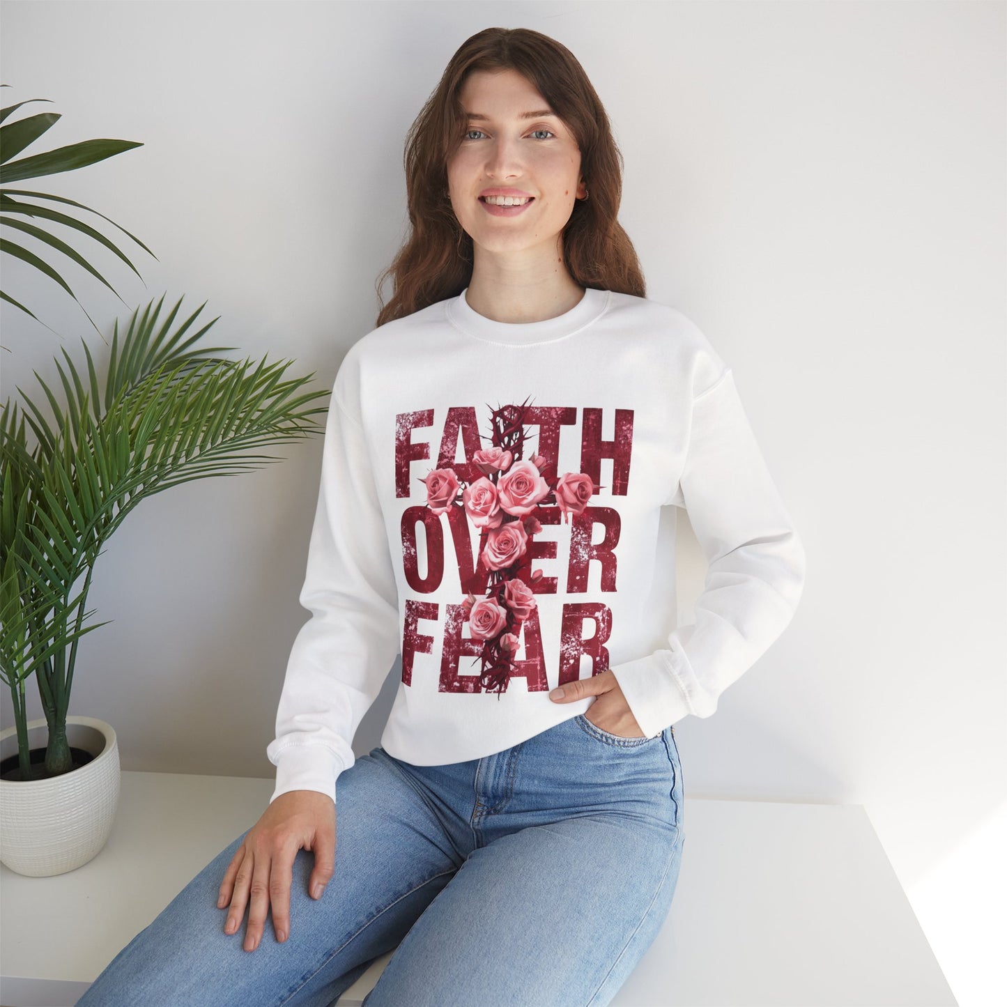 Faith Over Fear Sweatshirt — Floral Typography Christian Crewneck